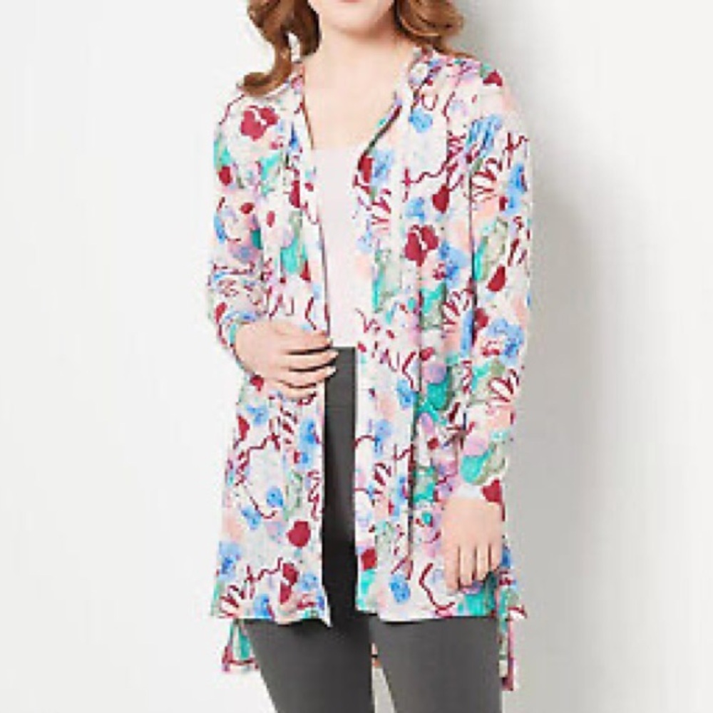 LOGO By Lori Goldstein L Printed Beach To Street Sheer Mesh Hooded Cardigan NWOT
